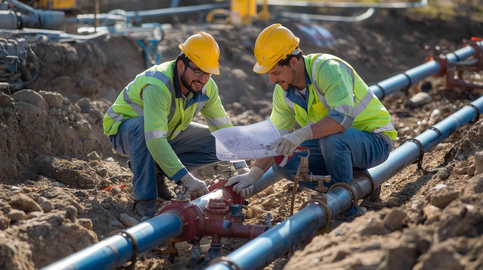 Zwei Arbeiter mit Schutzausrüstung und Helmen prüfen Baupläne und stellen Ventile an großen blauen Rohren auf einer Baustelle ein, umgeben von Schmutz und Geräten.