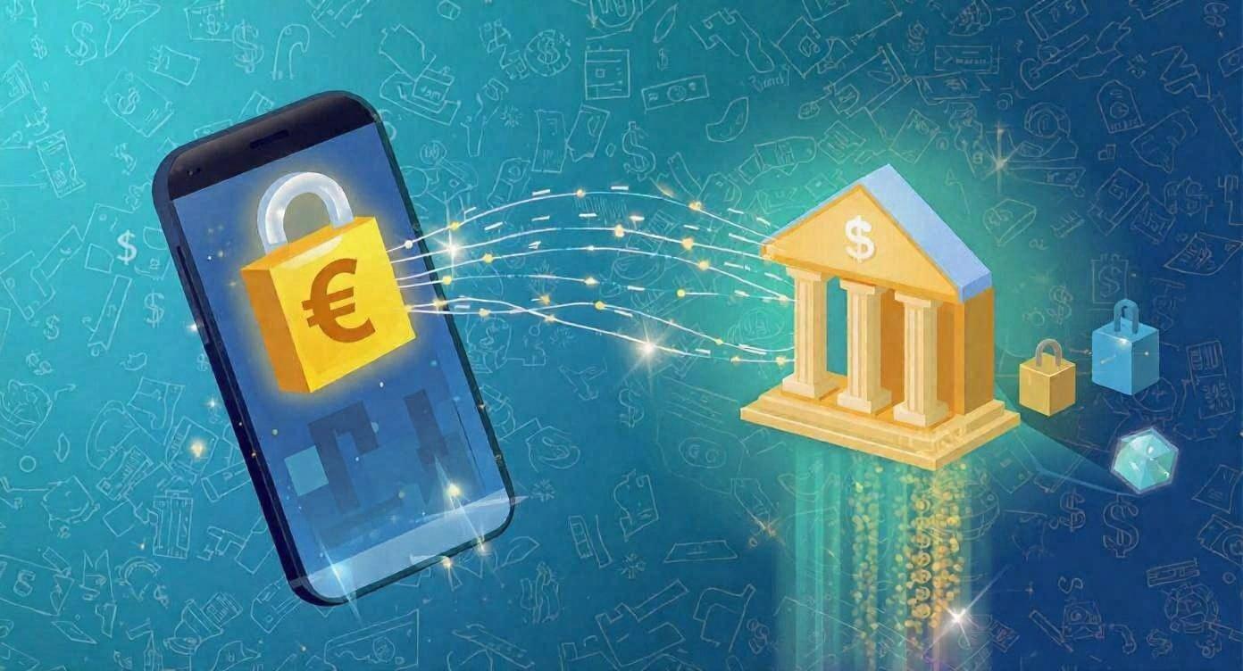 Ein Smartphone mit einem Vorhängeschloss, das das Euro Symbol zeigt, sendet digitale Datenströme an eine Bank klassisches Bankgebäude, was sicheres Online Banking oder elektronische Geldüberweisungen symbolisiert. Im Hintergrund sind abstrakte Finanzsymbole zu sehen.