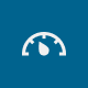 Ein weißes Tachometer-Symbol mit einer spitzen Nadel ist auf einem blauen Hintergrund zentriert.